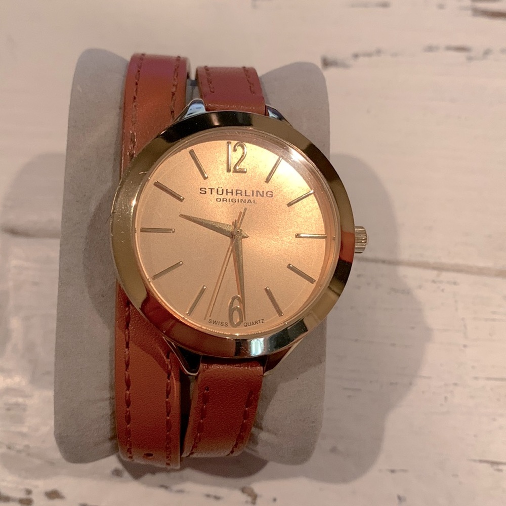 Stührling Brown Leather Wrap Bracelet Watch
